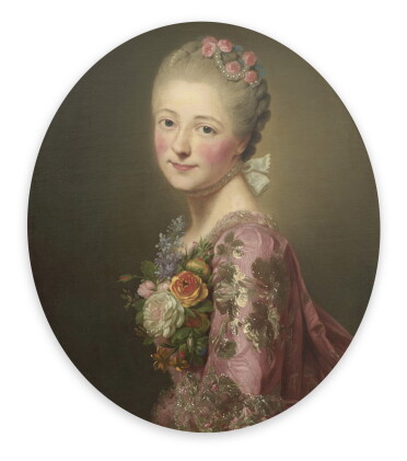 Catalog image of Portrait of a lady, half length, her blond hair up, adorned with flowers and pe…