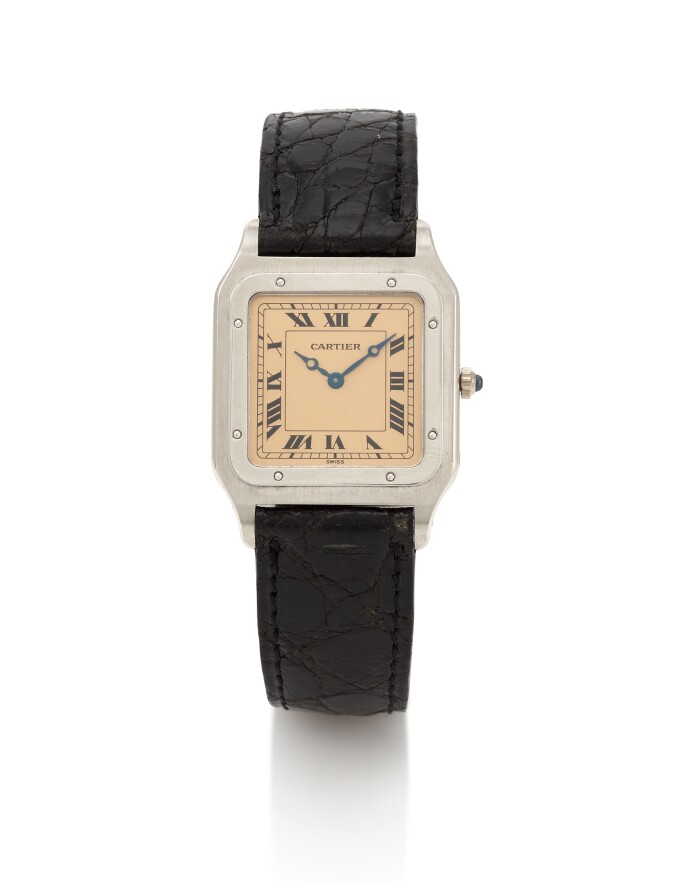 CARTIER, SANTOS DUMONT, REFERENCE 1575 1, PLATINUM WRISTWATCH, CIRCA 1994. ESTIMATE: €4000 –6000