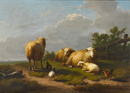 Catalog image of sheep and chicken in a landscape