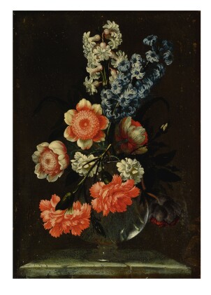  A STILL LIFE OF WHITE ROSES, HYACINTHS, RED CARNATIONS, ANEMONES AND OTHER FLOWERS IN A GLASS VASE ON A STONE SURFACE