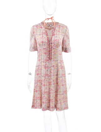 Catalog image of chanel | pink beaded necklace and multicolor silk dress