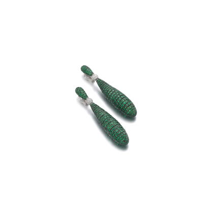 Catalog image of pair of emerald and diamond earrings, 'gocce', de grisogono