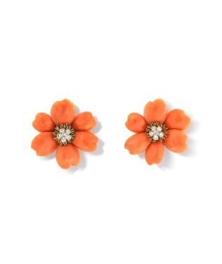 View 1 of Lot 82: Van Cleef & Arpels | Paire de clips d'oreille corail et diamants, "Rose de Noël" | Pair of coral and diamond ear clips, 'Rose de Noël'