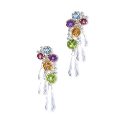 Catalog image of Pair of gem set and diamond pendent earrings