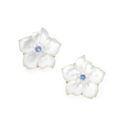 Catalog image of pair of rock crystal, mother-of-pearl, diamond and sapphire earclips, seaman schepps