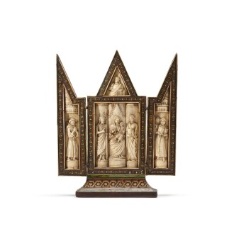 View 1 of Lot 201: An Italian carved bone triptych depicting the Virgin and Child flanked by Saints, Embriachi Workshop, Venice or Florence, partly early 15th Century 