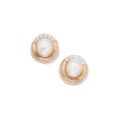 Catalog image of Pair of Gold, Cultured Pearl and Diamond Earclips