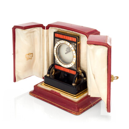 Catalog image of pendule ecran an important and rare rock crystal, onyx, enamel, coral, yellow g…