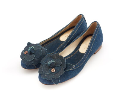 Catalog image of pair of denim camellia flats