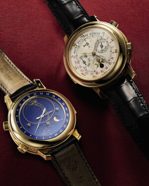 View 1 of Lot 123: Sky-Moon Tourbillon, Reference 5002 | A very rare and important yellow gold double-dialed wristwatch with twelve complications including tourbillon, minute repeating on cathedral gongs, perpetual calendar, retrograde date, sky chart, moon phases, orbit display and sidereal time | Circa 2007
