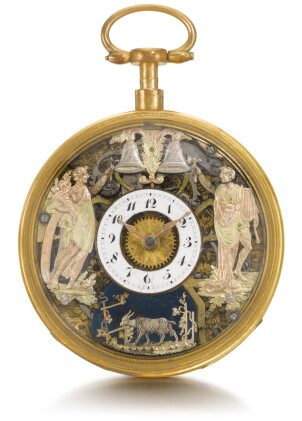 Catalog image of swiss | a quarter repeating automaton watch with jacquemarts in later gilt-meta…