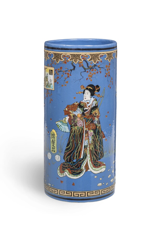 Blue vase with ornate japonisme imagery.