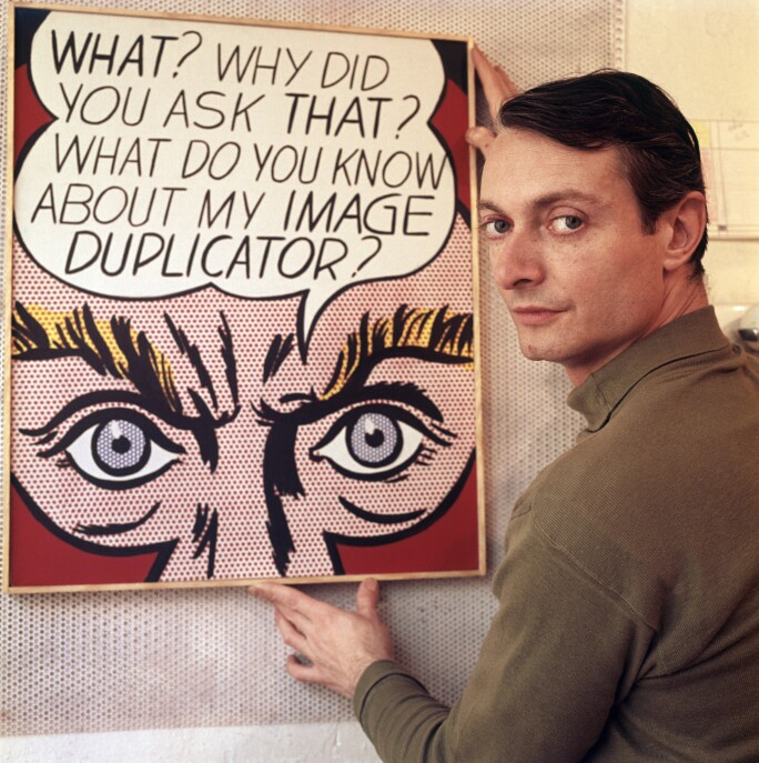 Roy Lichtenstein with one of his paintings, 1964.