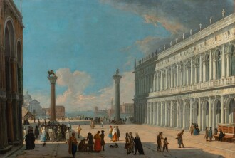 View 1 of Lot 65: View of the Piazzetta in Venice, with Saint Mark's Basilica on the left and the Biblioteca Marciana on the right | Vue de la Piazzetta à Venise, avec la basilique Saint-Marc à gauche et la Bibliothèque marcienne à droite