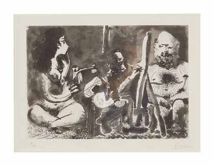Catalog image of pablo picasso | peintre au travail avec modèle barbu et une spectatrice assise …