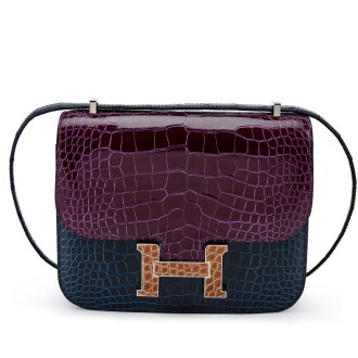 View 1 of Lot 5683: Limited Edition Bleu Baltique, Cassis and Ficelle Shiny Alligator Tri-color Mini Constance 18 Palladium Hardware, 2021