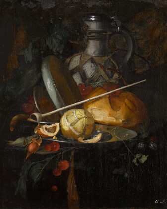 Catalog image of Still life with a partly-peeled orange on a pewter plate with raspberries, cher…