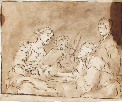 Catalog image of Three men around a table listening to a woman who is probably singing