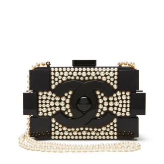 View 1 of Lot 41: Black Lucite and White Pearl Lego Brick Clutch Black Hardware, 2014