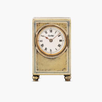 View 1 of Lot 2248: London retailed | Mignonette | A silver-gilt and enamel 8-day miniature travelling clock with original Cartier London presentation case, Circa 1911