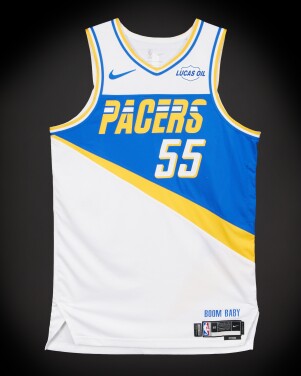 View 1 of Lot 60: Ethan Thompson Indiana Pacers 2025-2026 Game Worn City Edition Jersey | Matched to 2 Games
