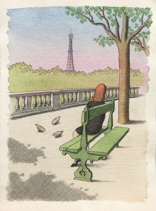 Catalog image of une femme de dos regardant vers la tour eiffel, assise sur un banc d’une terras…