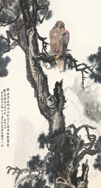 View 1 of Lot 116: Jin Cheng, Goshawk on Ancient Pine | 金城　古柏蒼鷹　設色紙本　立軸　一九二四年作