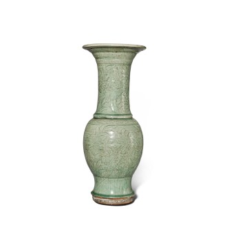 View 1 of Lot 541: A carved 'Longquan' celadon-glazed 'peony' vase, Late Ming dynasty | 明末 龍泉窰青釉刻牡丹紋鳳尾尊