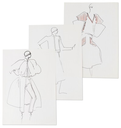 Catalog image of Three original sketches for fashion, early 80's | Trois croquis de mode origina…