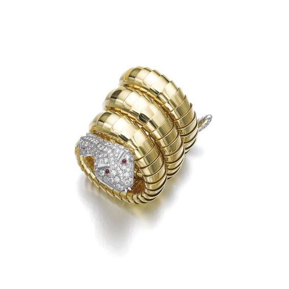 Diamond, ruby and gold bracelet-watch, Bulgari