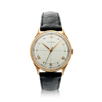 Catalog image of longines | reference 5858 a pink gold wristwatch, circa 1945