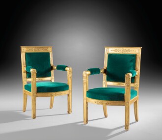 View 1 of Lot 88: A pair of Empire carved giltwood fauteuils, stamped J.B.B DEMAY, early 19th century | Paire de fauteuils en bois doré et sculpté d'Epoque Empire, estampillés J.B.B DEMAY, début XIXe siècle