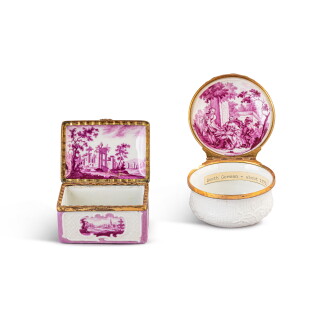 View 1 of Lot 687: A German porcelain rectangular snuff box, circa 1761-70, possibly Schrezheim, and a German white porcelain circular snuff box, possibly Höchst, circa 1770-75 