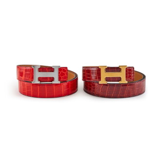 View 1 of Lot 159: Set of Two Belts: Rouge H Porosus Crocodile Gold Hardware, Size 90 and Bougainvillier Porosus Crocodile Palladium Hardware, size 90, circa 2013
