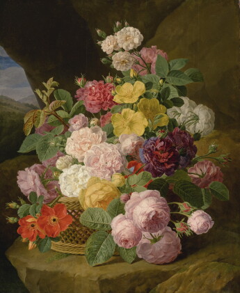 Catalog image of jan frans van dael | a still life of roses, peonies, and other flowers on a ledge