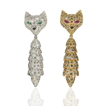 Catalog image of pair of diamond, ruby and emerald pendent earrings, 'foxes', michele della valle