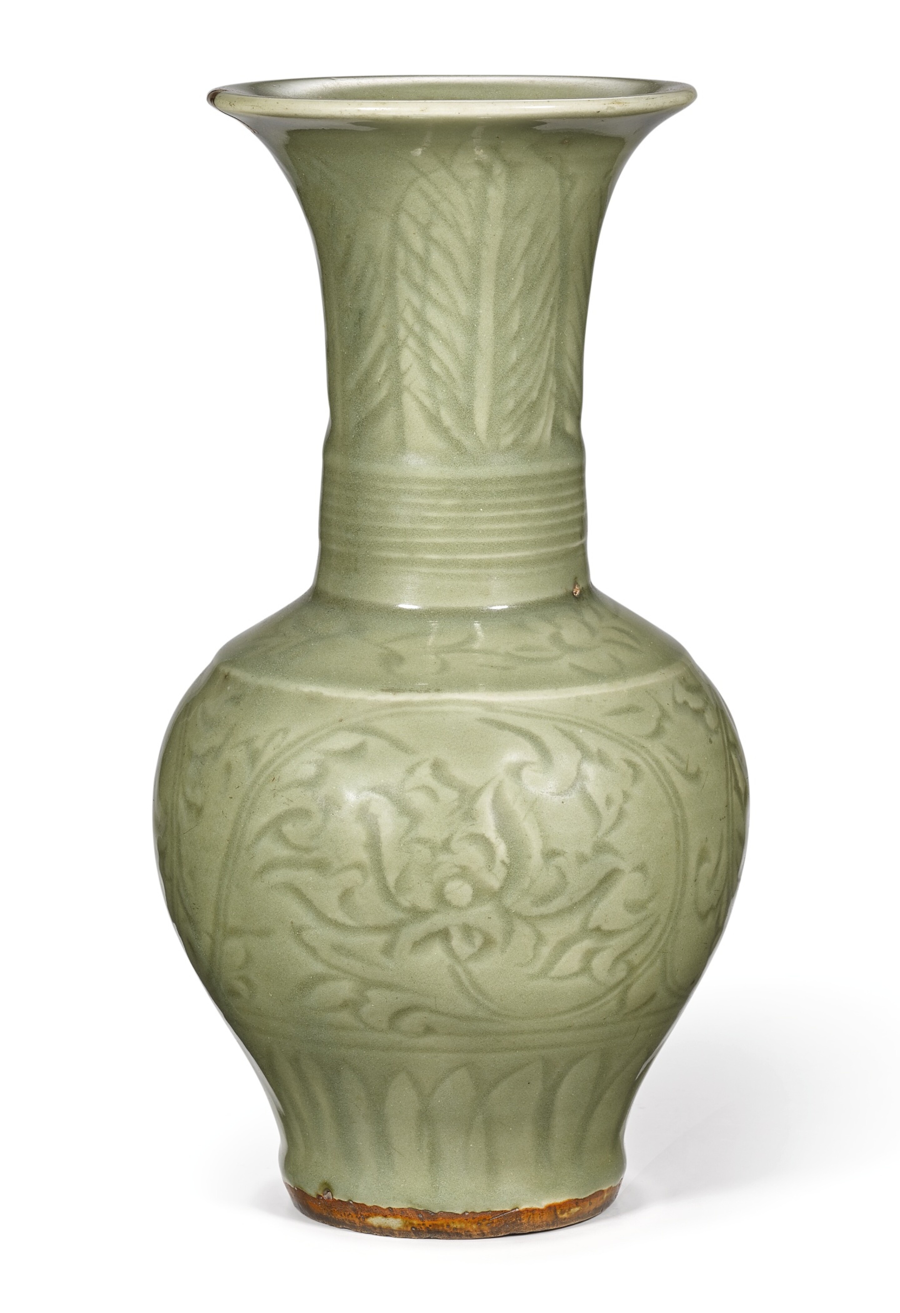 561 A CARVED LONGQUAN CELADON GLAZED VASE YUAN EARLY MING DYNASTY 561-a-carved-longquan-celadon-glazed-vase-yuan-early-ming-dynasty