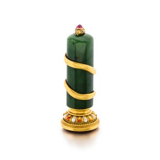 View 1 of Lot 1125: A Fabergé jewelled gold-mounted guilloché enamel nephrite hand seal, workmaster possibly Michael Perkhin, St Petersburg, 1899-1903