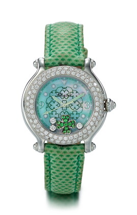 Catalog image of diamond and garnet wristwatch, "happy sport", chopard | 鑽石 配 石榴石 腕錶, "happy spo…