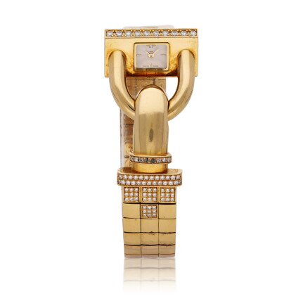 Catalog image of Cadenas | A yellow gold and diamond set interlocking mesh bracelet watch, Circa 2005