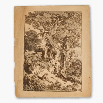 View 1 of Lot 30: Study of Trees and Shrubs with Seated Figure; with Derelict Cottage in Landscape with Figures and A Forest with Two Figures