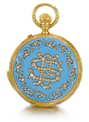 Catalog image of a fine gold, enamel and diamond-set half-hunting cased minute repeating keyless…