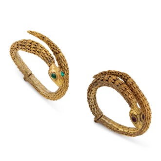 View 1 of Lot 122: Set of Two: Red and Green Glass and Gold Metal Maison Goossens Haute Couture Snake Bracelets, c. 1960's