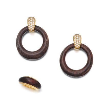 Catalog image of Pair of Gold, Wood and Diamond Earclips and Wood and Gold Ring