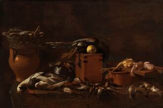 View 1 of Lot 12: Still life with a mallard, songbirds, other game, and a wicker basket filled with baked goods, on a stone ledge