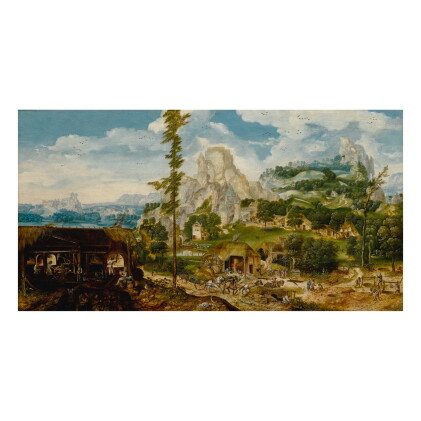 Catalog image of an extensive mountainous landscape with a metal foundry, showing various stages…