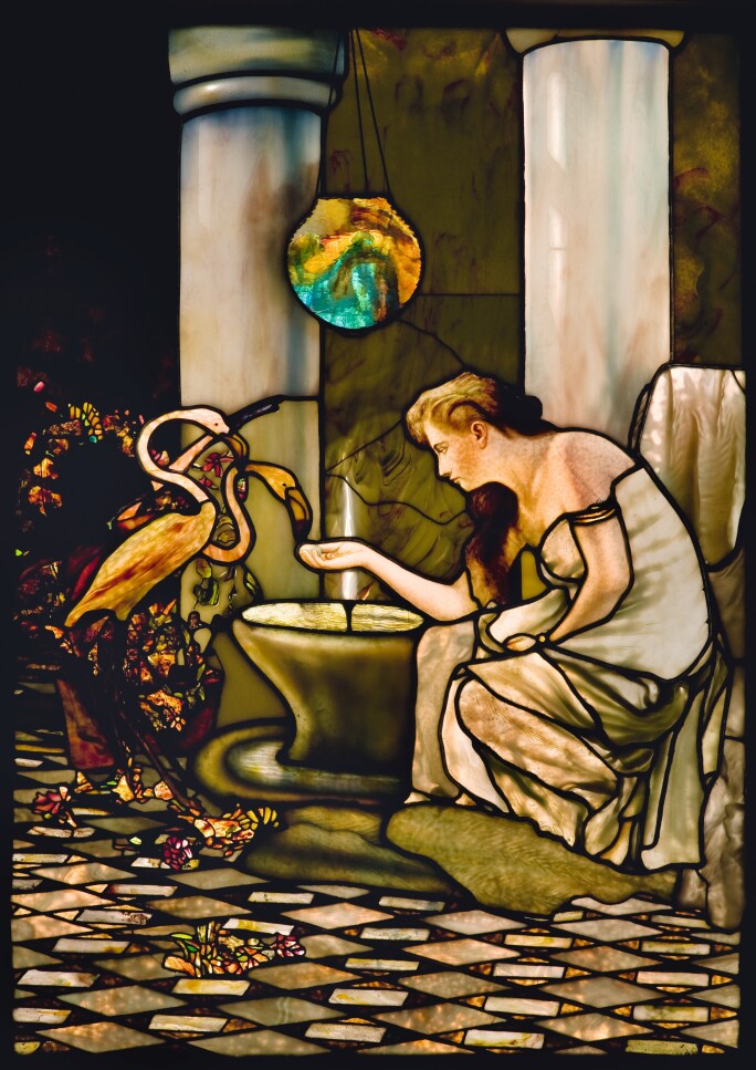Louis Comfort Tiffany, Tiffany Studios, Maiden feeding flamingos in the court of a Roman house, c. 1892