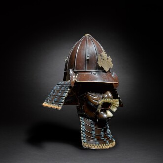 View 1 of Lot 12: A rare toppai-nari kabuto [high-sided helmet] and mempo [face mask] | Edo period, 17th century