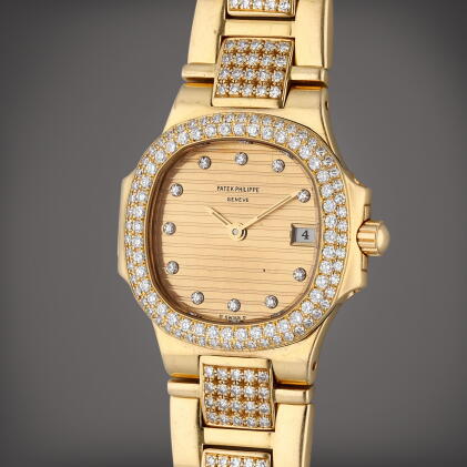 Catalog image of Reference 4700/55 Nautilus | A yellow gold and diamond-set wristwatch with date…