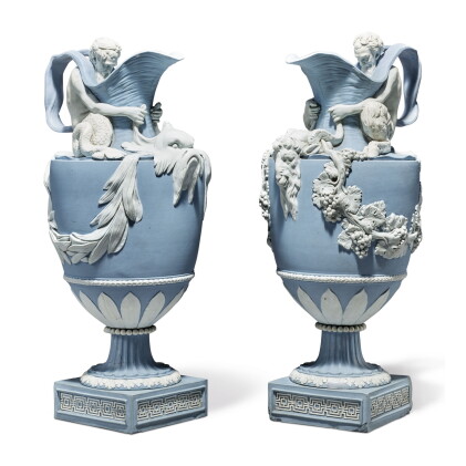 Catalog image of a pair of wedgwood blue and white jasperware 'water' and 'wine' ewers circa 1785-90